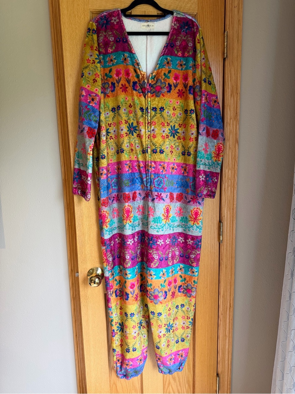 Natural Life Fleece One Piece Pajama Jumpsuit Floral Magenta Border Boho M - Picture 2 of 12